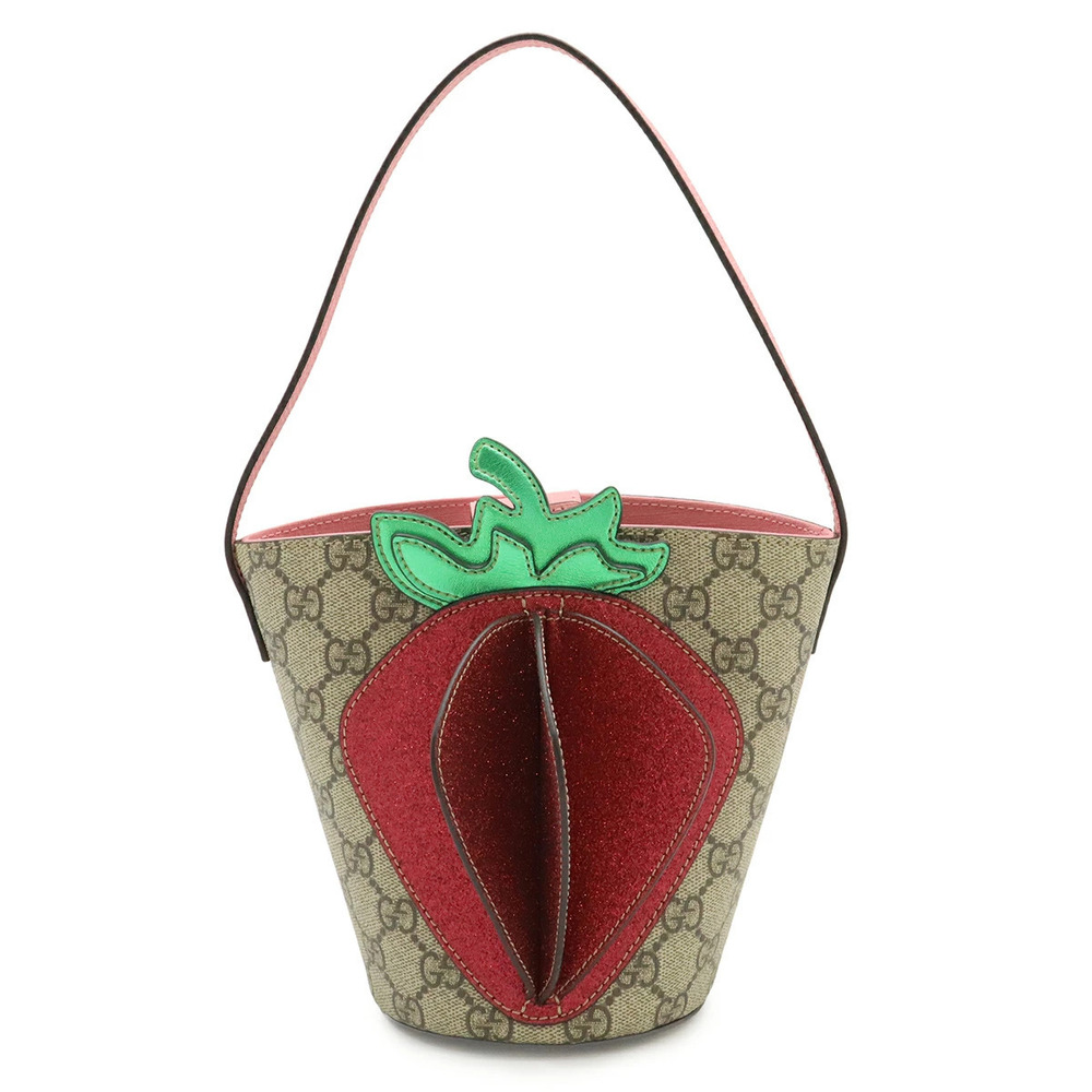 Gucci GG Supreme Strawberry Bucket Bag Handbag Leather Beige Cream Pink